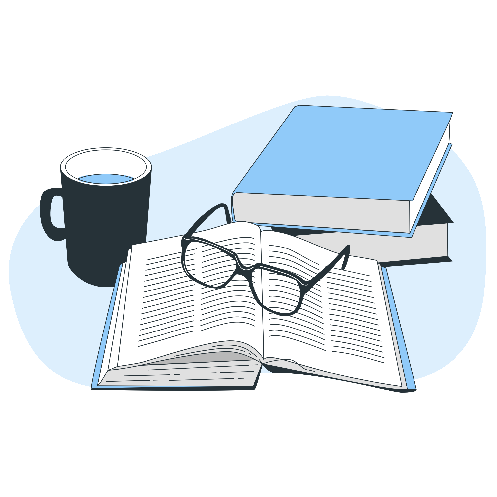 Drawing of books, cup and glasses