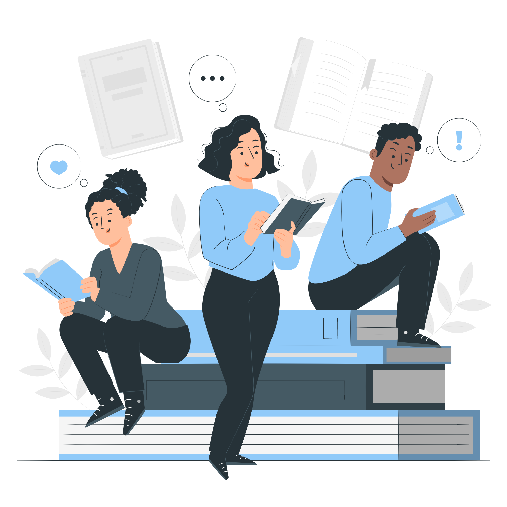 Drawing of a team reading books and talking